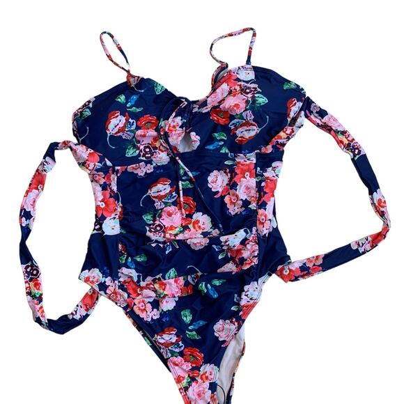 SHEIN Women's 3X Swimsuit One Piece Roched Tropical Light Padding Adjustable NEW - Picture 1 of 7